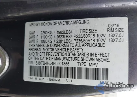 2017 Acura Rdx Technology Acurawatch Plus Packages/W/Technology Package from USA, damaged, VIN 5J8TB4H54HL001355